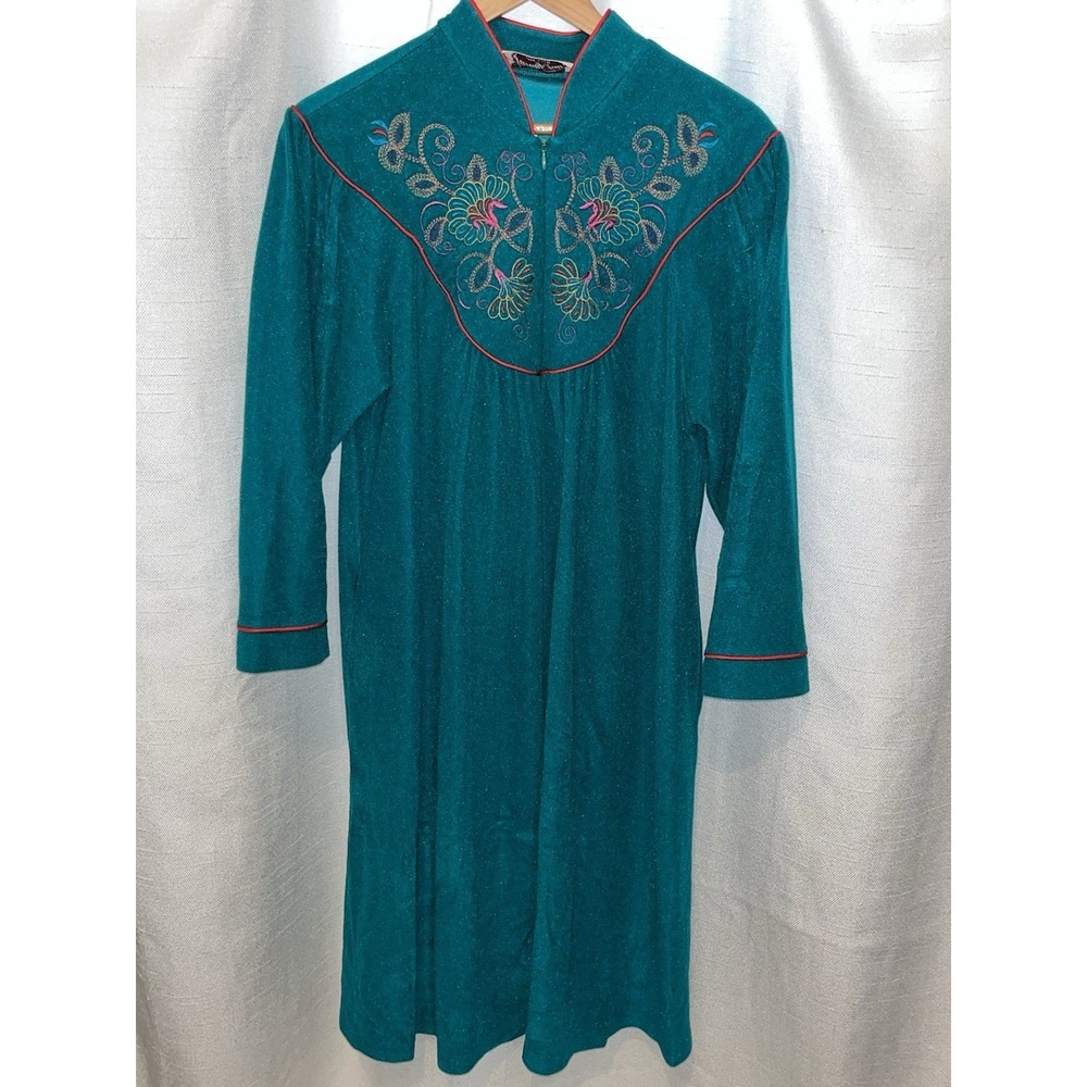 VTG Vanity Fair Turquoise Velour Housecoat Robe Womens S‎ 1/2 Zip Embroidered